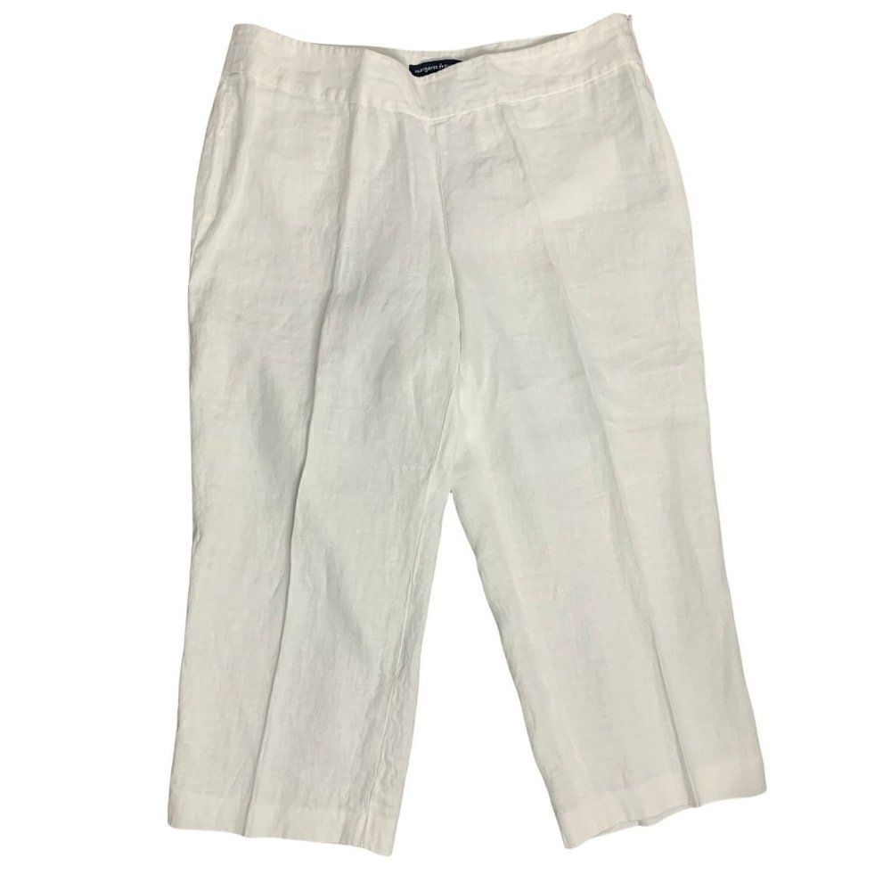 Vintage Margaret Frances Capri Pants 14 White Linen Flat Front Back Pockets Zip